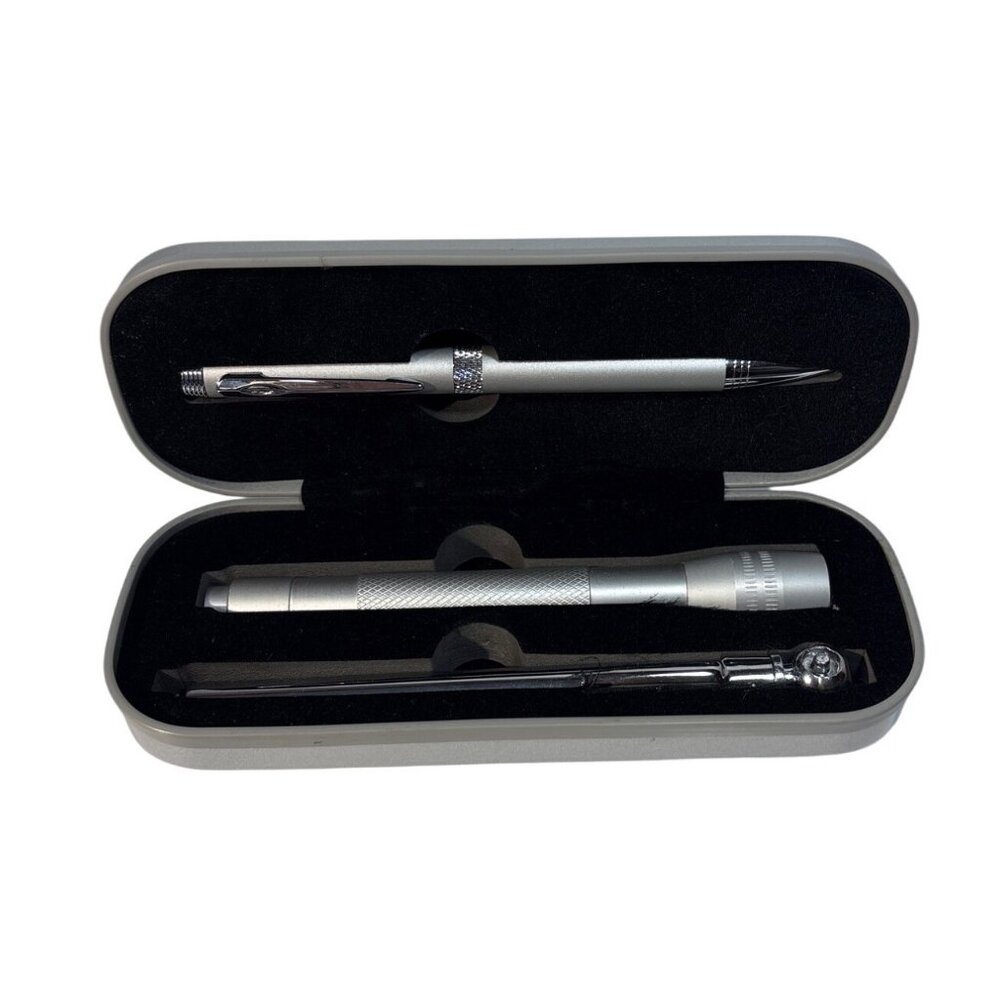 Leeds Dodge Chrysler Jeep Branded Pen Flashlight Tire Gauge Gift Set Metal Case